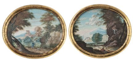 德国画派
18世纪

22 × 26 厘米

两幅河景画，画中包含建筑与人物装饰。成对作品。水粉画/
