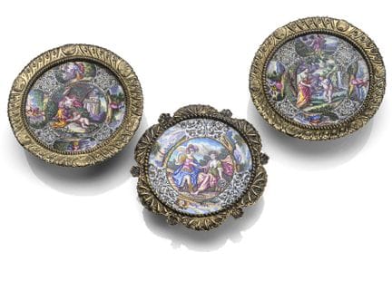 THREE FINELY PAINTED AND ENAMELLED VERMEIL FOOTED 
