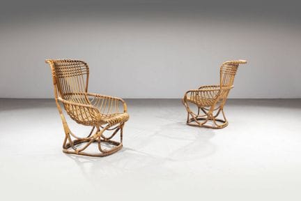蒂托·阿格诺利
一对扶手椅
竹制框架。
20世纪60年代
100×65×98厘米
瑕疵