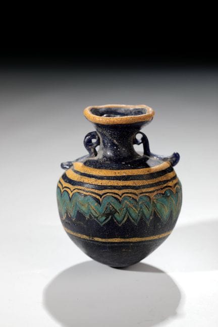 Greek aryballos, 6th century BC; sand-core techniq