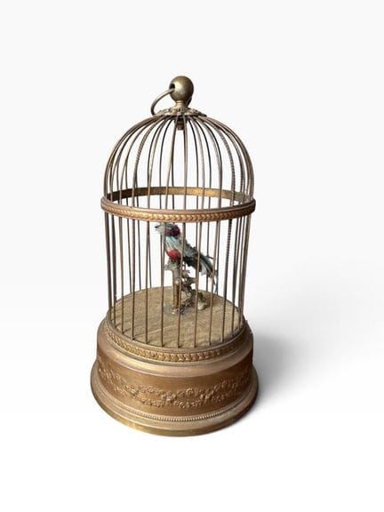 Gabbia per uccello canoro in ottone e metallo dora