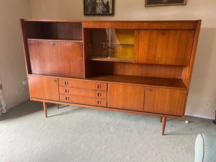 Credenza impiallacciata in teak e palissandro con 
