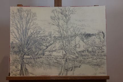 Lot de 3 dessins comprenant : 
- Paysage rural
Sig