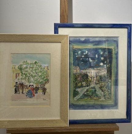 Deux aquarelles sous-verre : 
- paysage espagnol 
