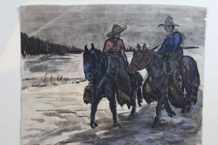 Guy ARNAUD (XX)
Cow-boys à cheval
Gouache sur papi