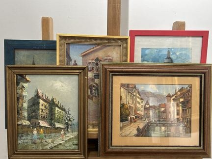 Lot de 5 pièces encadrées : 

- Marché breton
huil