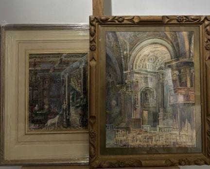 Deux aquarelles sous-verre : 

- femmes au salon
S