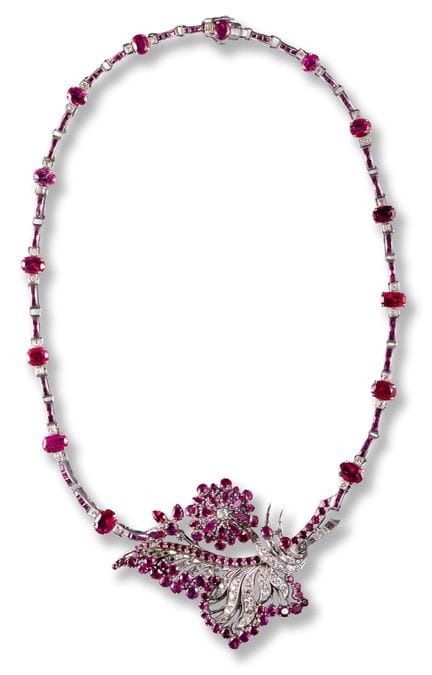 Ruby necklace
2nd half 20th century
14k white gold