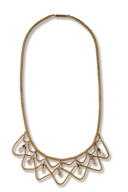 Gold necklace with pearls, sapphires and diamonds
