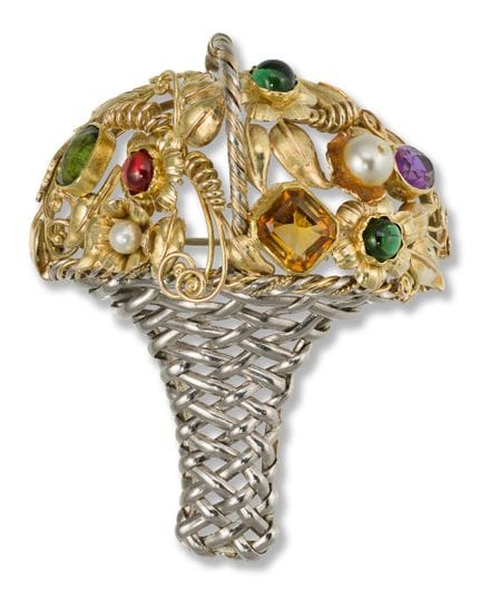 Flower basket brooch
mid 20th century
14k white an