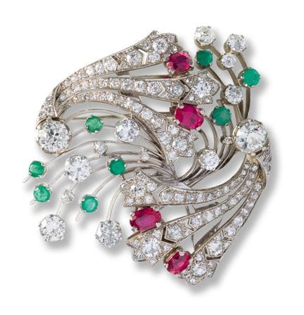 Diamond and gemstone brooch
mid 20th century
14k w