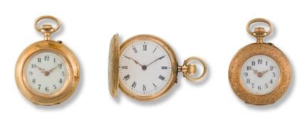 Tre piccoli orologi da tasca
1900 circa
Cassa: oro