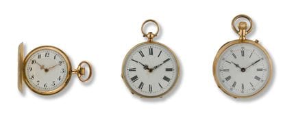 Tre piccoli orologi da tasca
XIX secolo
Cassa: oro