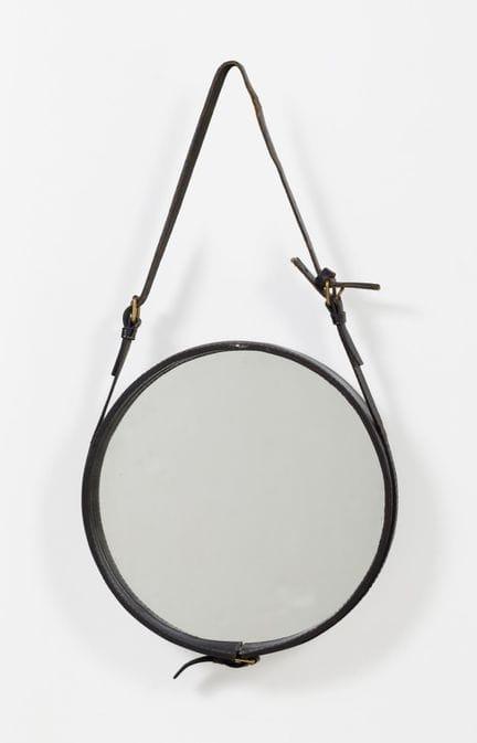 Miroir rond, Jacques Adnet, avec cadre en cuir
Pré