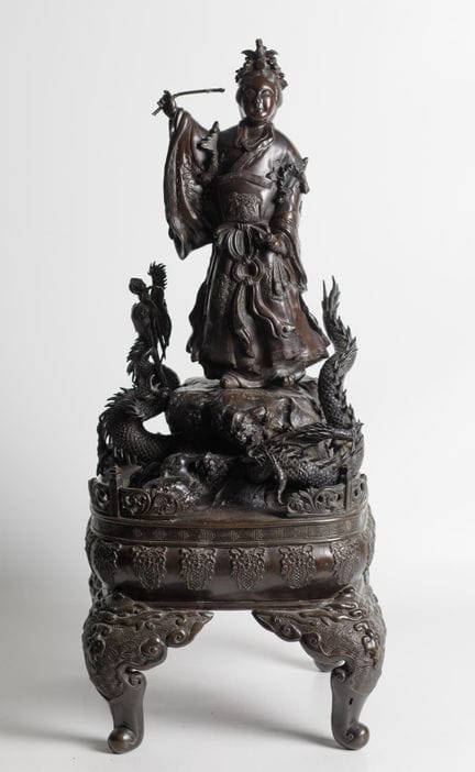 Guanyin accompagnée d'un dragon, statue en bronze 