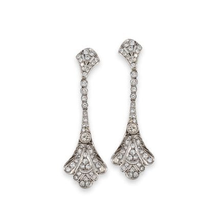 OHRRINGE, LANG, ART-DECO-STIL, PLATIN MIT DIAMANTE