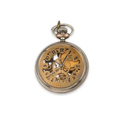 Skelett-Taschenuhr der N.E.W. Co., Metall, um 1925