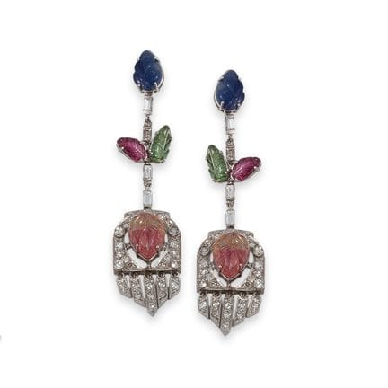 OHRRINGE, LANG, IM TUTTI-FRUTTI-STIL, PLATIN MIT D