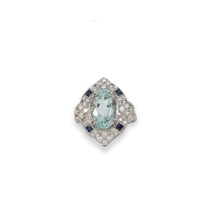 RING, PLATIN MIT AQUAMARIN, SAPHIREN UND DIAMANTEN