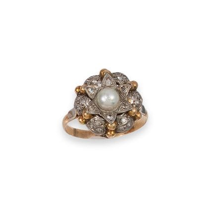 BAGUE EN OR AVEC PERLE DE CULTURE ET PIERRES SYNTH