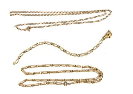 Set of two gold (750‰) NECKLACES with decorative l
