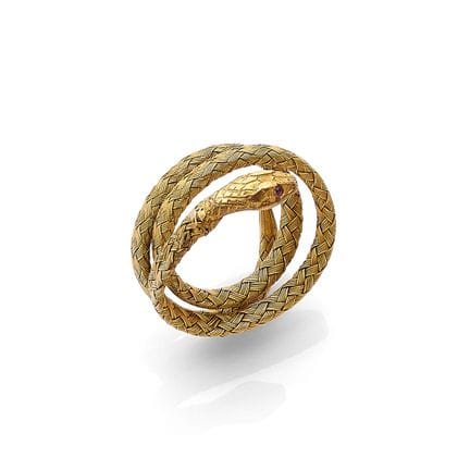 RING „SCHLANGE“

Rosa Saphire, 18-karätiges Gold (