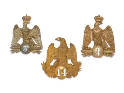 三块沙科帽徽套装

包含：

-国民卫队第14省级军团军官徽章，1852年规制。
-第3步兵团士兵帽