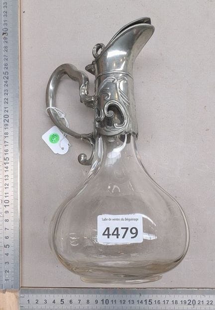 carafe ancienne en verre et métal argenté  - Dimen