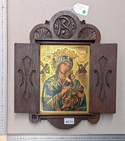 1 antikes religiöses Triptychon – Maße und Zustand