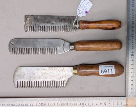 3 antique steel mane combs with wooden handles—see