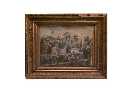 当代画派。

《河畔阳台》。

水粉画。