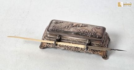 Inkwell with peacock design. Metal. Japanese-style