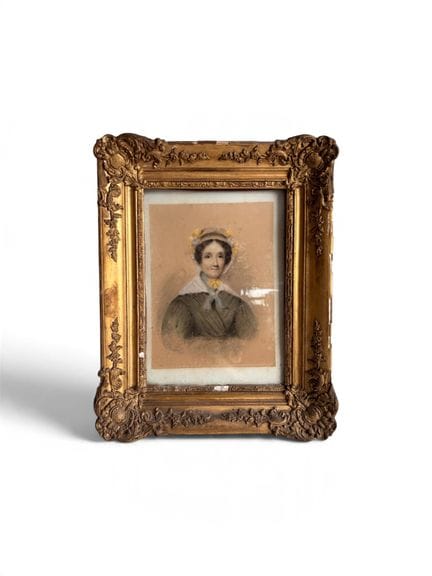 19世纪画派。肖像画。炭笔画，辅以粉彩。30 × 23 厘米。