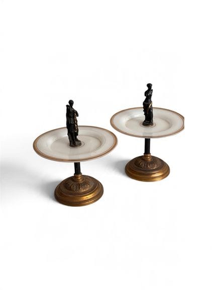 Pair of gilded bronze and opaline cups, topped wit