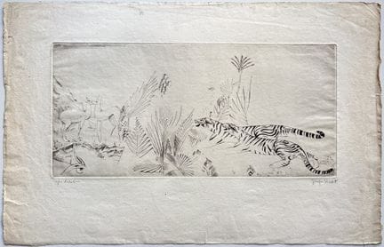 约瑟夫·赫克特（1891-1951）
《老虎与母鹿》
铜版刻版画，右下角签名，左下角标注为“状态试印