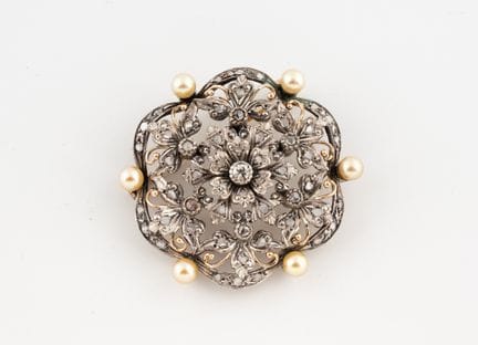 Rosettenbrosche aus 585er Gold und Silber, verzier