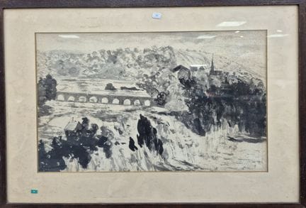 乔治特·阿古特（1867-1922）
村庄与瀑布
白色纸张上的黑色水墨画
未署名
35x50 厘米
