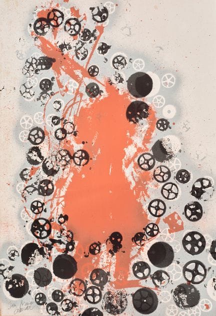阿尔曼 
钟表齿轮
纸本彩色石版画
左下角题有“献给阿曼丁”，阿曼的教女，同时也是该艺术家石版画师皮