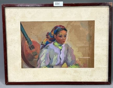 弹吉他的吉普赛女人 
纸上水粉画，带 EP 字样
高 21 x 宽 33 厘米
(REF 556)