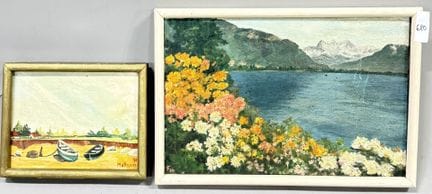 F.H
山间湖景 
布面油画 
左下角签名 
高 22 × 宽 33 厘米 
（有几处划痕） 

随