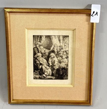 据伦勃朗（1606-1609）作品改编
《约瑟夫讲述他的梦》。
版画。
高10.5×宽8厘米。
(2