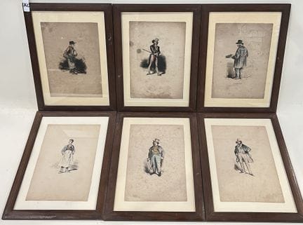 一套六幅彩色版画，描绘了草药医生、市场园丁和强盗等行业。 
高 27.5 x 宽 18 厘米。 
(