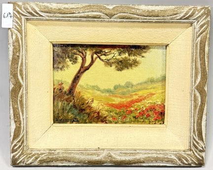 L. CORANATA 
田园风光 
胶合板油画
左下角签名 
高 15 × 宽 21 厘米
(10