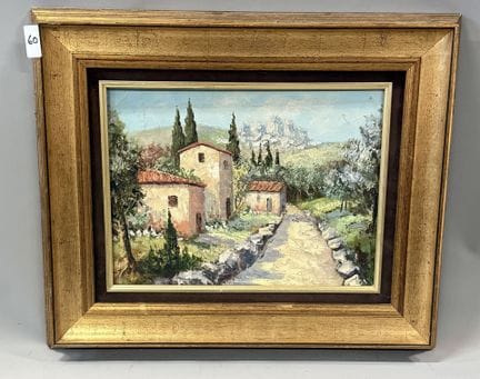 Chemin bordant des maisons et des cyprès. 
Huile s