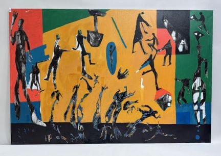 Tatiana BOLOTINA - 抽象构图，表现在黄色和绿色背景上玩耍的人物
布面油画，左下方有