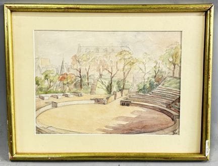 20世纪法国画派。
卢泰西亚竞技场景致。
水彩画。
右下角有艺术家缩写签名。
高22×宽30.5厘米