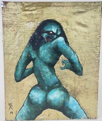 恶魔 
布面油画。 
左下方有签名。 
左下方有签名痕迹。 
日期 67。 
高 99 x 宽 79