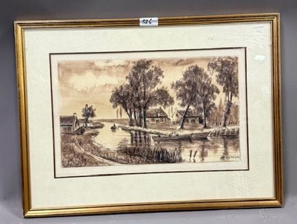René BONDENET (XXth) - 河畔小村庄的景色
纸上油性铅笔画 
右下方有签名
高 