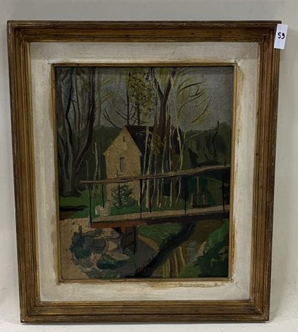 20 世纪初的法国学校。 
桥及其茅草屋的景色。 
布面油画。 
高 42 x 宽 36。 
(59