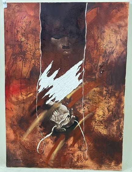 莫里斯-奥利姆博-恩贾维（1974-）。 
"寻找光明 
布面油画。 
左下方有签名。 
背面注明日